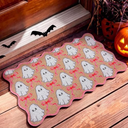 Dunzy Pink Halloween Doormat Outdoor Bow Ghost Scalloped Faux Coir Mat - style: Ghost and Bow