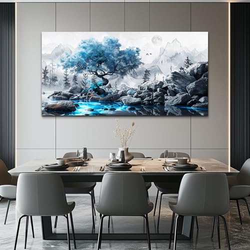 Canvas Wall Art for Living Room Black And White Landscape Tree 24x48 Inches - color: Blue Tree, size: 48"L x 24"W
