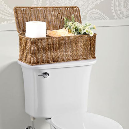Sumnacon Wicker Storage Basket with Lid, Rectangle Bathroom Narrow Baskets - color: Brown