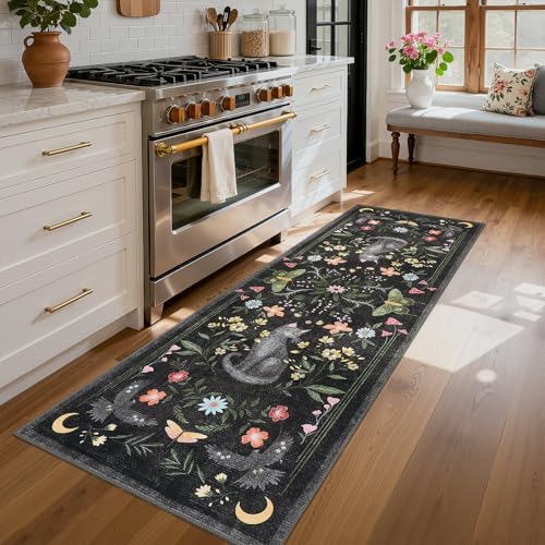 GarveeHome 2x6 Cat Washable Runner Rug for Kitchen, Soft Black Hallway Runner Non Slip Mushroom Moths Entryway Rug Floral Laundry Mat Stain Resistant Carpet for Bedroom Bathroom Beside Rug - color: Black, size: 2' x 6' (Rectangular)