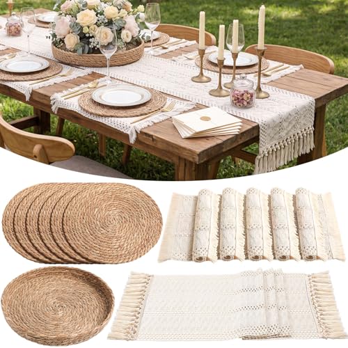 Boho Table Runner and Placemats Set, 6 Sets, Beige, 12x72 - color: Beige, size: 12x72"