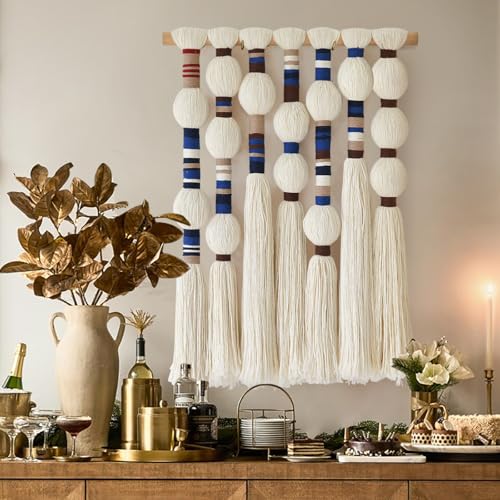 Macrame Wall Hanging Blue Handmade Yarn with Ball Tassels 15.7" Wx 21.6" L - color: Blue