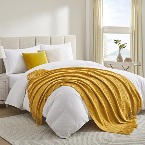 Acrylic Knitted Throw Blanket, 50 x 60 Inches, Mustard Yellow - color: Mustard Yellow