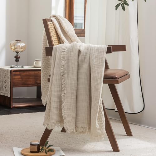 FOSSA Muslin Blanket 4-Layer 100% Cotton Gauze Blanket with Fringe 104"x90" - color: Beige, size: King (104" × 90")
