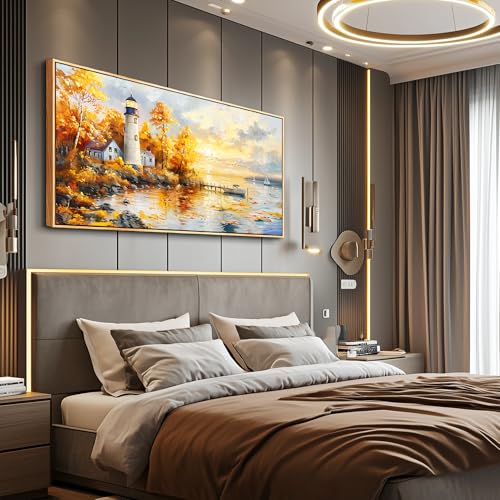 Large Framed Sunset Beach Canvas Wall Art Boat Lighthouse Seascape Painting - color: Lighthouse Painting Wood Framed, size: 48"L x 24"W