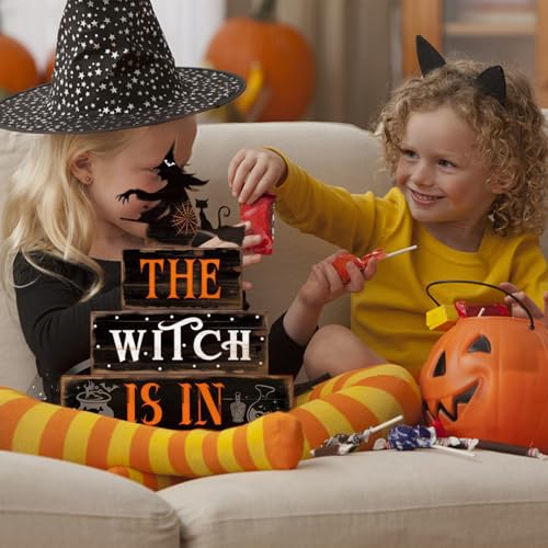 Halloween Decor Indoor - Rustic Wooden Witch Signs Home Decorations for Farmhouse Kitchen, Shelf, Living Room, Tabletop Decorations, Suitable for Fall Party Table Centerpiece - style: Halloween