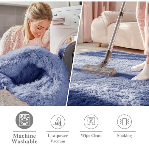 OLANLY Denim Blue Round Rugs for Bedroom - Machine Washable, 2 ft Circle Area Rugs for Living Room, Soft and Fluffy Shaggy Carpet for Teen Girl and Boys, Nursery Rooms, Dorms, Home Decor Aesthetic - color: Denim Blue, size: 2 Ft Round