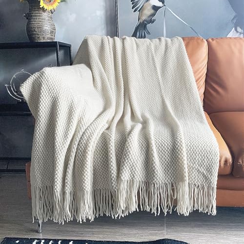 LOMAO Knitted Throw Blanket with Tassels Bubble Textured Lightweight Throws for Couch Cover Home Decor (Cream, 50x60) - color: Cream, size: 50x60"