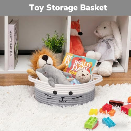 Small Woven Rope Cat Toy Basket with Cat Face Design, White Grey - color: White & Grey, size: 9.8"W x 4"H