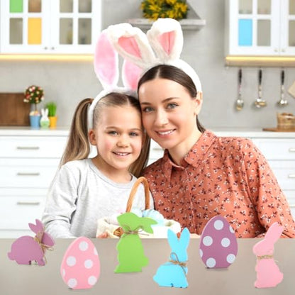 Easter Decorations, 6 pcs Wooden Easter Bunny Egg Signs for Table Centerpiece Tiered Tray Decor Home Indoor Office Party Farmhouse Decor