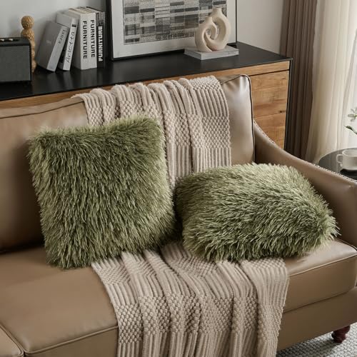FUTEI Pack of 2 Faux Wool Throw Pillow Covers 18x18 Inch, Olive Green - color: Olive Green
