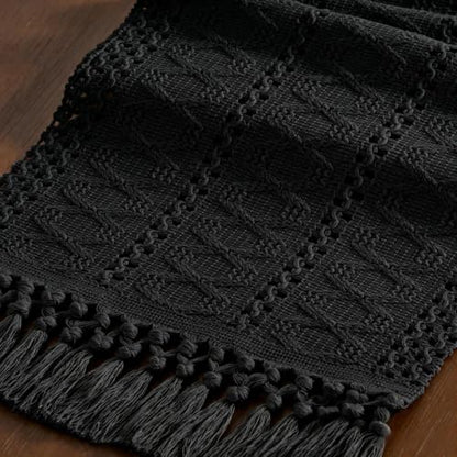 Black Woven Table Runner Cotton Linen Boho with Tassels 11"×48" - color: Black, size: 11" × 48"