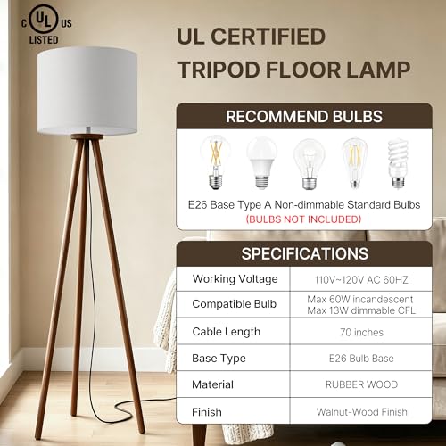 Buruis 60.6 Inch Walnut Wood Tripod Floor Lamp with Linen Drum Shade, Cream - color: Cream
