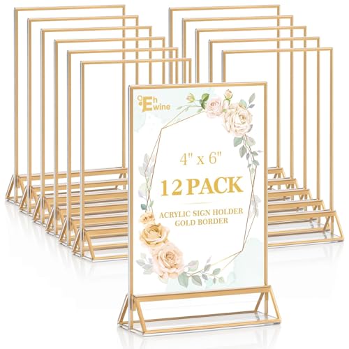 EHWINE 12 Pack Gold Acrylic Sign Holder 4x6 Double Sided Tabletop Stand