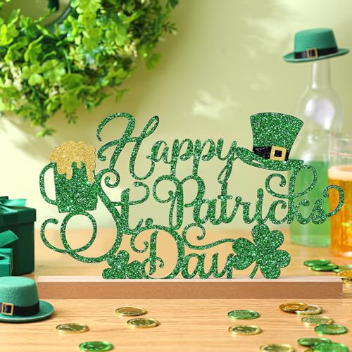 Yaocom 13.78 Inch St Patricks Day Decorations Metal Happy St Patricks Day Irish Shamrock Table Sign Decor with Wooden Base Lucky Clover Leprechaun Centerpiece Gift Decorations for Home Office - style: St. Patrick’s Day