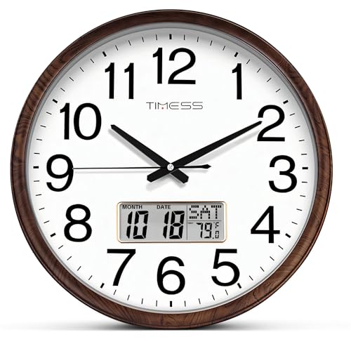TIMESS 13-Inch Silent Non-Ticking Analog Wall Clock,Chestnut Brown | Classic wood-style finish, battery operated, easy-to-read dial, retro decor for bedroom, living room, kitchen, or office - color: Calendar Chestnut Brown, size: 13 Inch