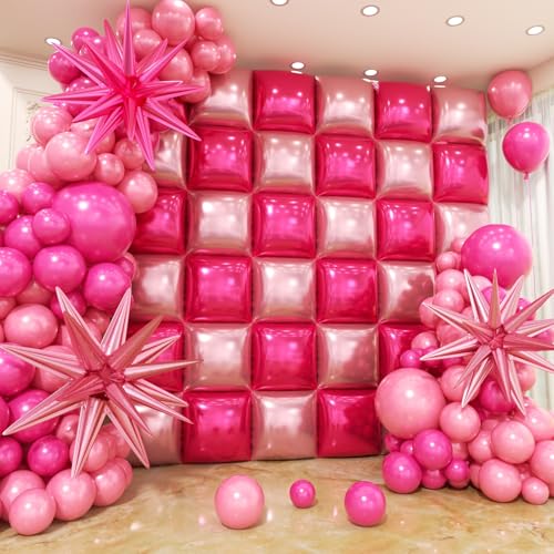 36pcs Hot Pink and Pink Square Foil Balloons Wall Backdrop with 147pcs Balloon Garland Arch Kit, Double Sided Balloon Tunnel for Anniversary Bachelorette Birthday Valentines Party Decorations - color: Pink and Hot Pink