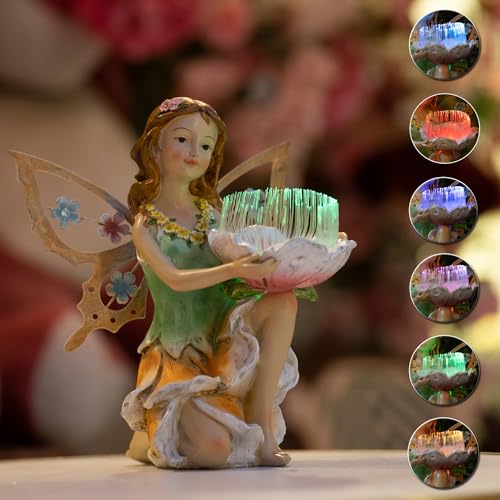 Suyorpe Solar Fairy Garden Statue Lights Outdoor Decor - Fairies Resin Waterproof Change Light Figurine for Patio Backyard Yard Lawn Decoration,Gift for Mom Grandma Wife - color: Yellow