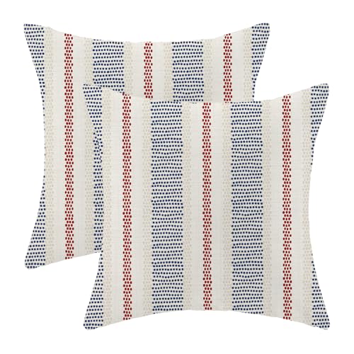 AEIOAE 4th of July Summer Outdoor Pillow Covers 16 x 16 Inch, Blue Red Polka Dots Striped Decor Throw Pillows for Couch Bed, Boho Modern Farmhouse Decorative Pillowcase Linen Cushion Cover Set of 2 - color: Blue Red, size: 16" x 16" (Pack of 2)