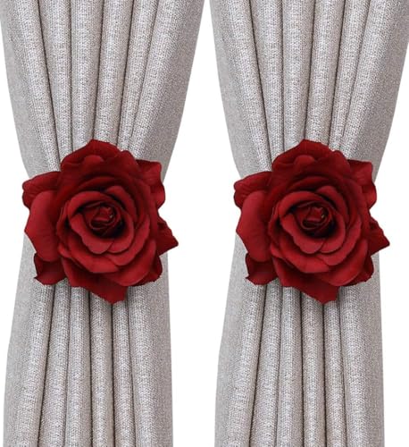 Magnetic Curtain Tiebacks, Rose Flower Tie Backs Rope - color: Burgundy-2pack