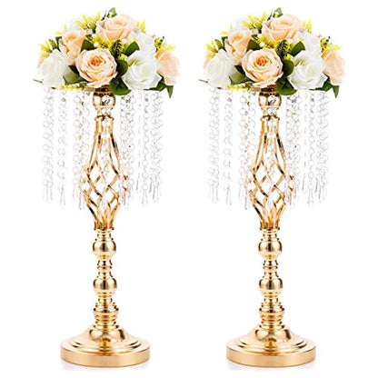 2 Pcs 19.3 inches Gold Tall Crystal Flower Stand and Holders Centerpiece Chandelier Metal Vase for Wedding Reception Tables - color: Gold, size: Medium - 2 Pcs