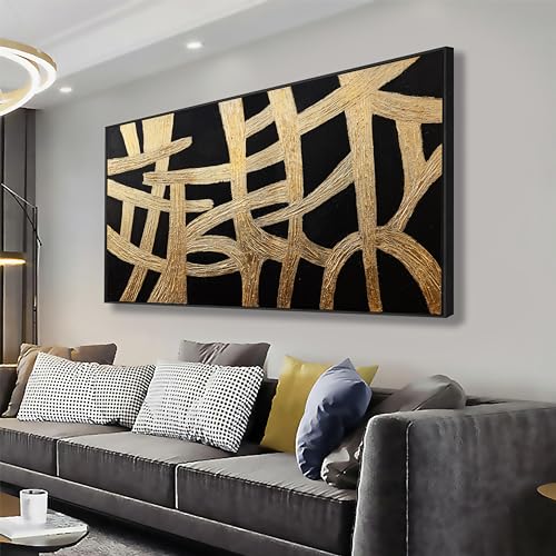 Abstract Canvas Wall Art Modern Artwork Canvas Prints Framed Canvas Picture Contemporary Wall Art Black And Gold Lines Texture Artwork Bedroom Living Room Office Decoration Ready To Hang 24x48 - color: Black Gold, size: 48"L x 24"W