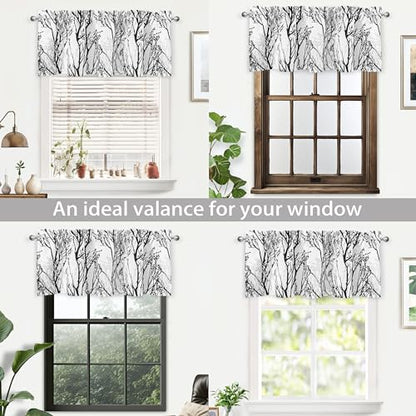 DriftAway Tree Branch Lined Valance Double Layer Blackout Thermal Insulated Abstract Ink Printing Window Curtain Valance Rod Pocket 52 Inch by 18 Inch Plus 2 Inch Header Black White 1 Pack - color: Black White, size: 52"W x 18"L (Pack of 1)