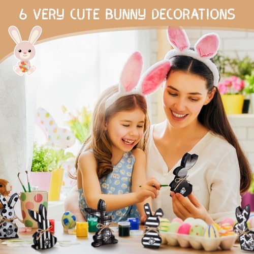 Thinkday 6 Pcs Easter Bunny Wooden Signs Rabbit Spring Table Signs for Home Office Table Wood Bunny Easter Decorations with Ribbons for Tiered Tray Mantel Shelf(Delicate Style) - style: Delicate Style