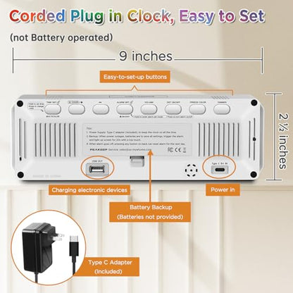 Peakeep Large Display Digital Alarm Clock for Bedroom with Date Day of Week - color: White and Multicolor