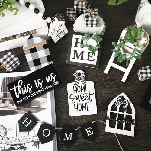 FairySandy 11 Pcs Home Tiered Tray Decor This is us Rustic Wooden Signs - style: Plaid