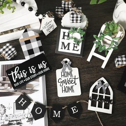 FairySandy 11 Pcs Home Tiered Tray Decor This is us Rustic Wooden Signs - style: Plaid