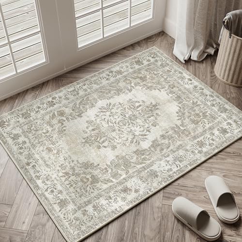 PureCozy 2x3 Washable Area Rug Entryway Cream Beige Vintage Doormat - color: Vintage Beige/Cream, size: 2' x 3' (Rectangular)