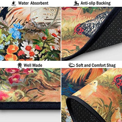 Rooster Kitchen Rugs and Mats Set of 2, Non Slip Washable Kitchen Runner Rug, Farmhouse Chicken Kitchen Floor Mats, Rustic Country Kitchen Rug Set for Sink, Laundry Room, 17"x30"+17"x47" - color: Rooster