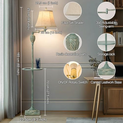 Traditional Floor Lamp withTray,Remote Dimmable,350°Swing Arm Antique Green - color: Antique Green-1