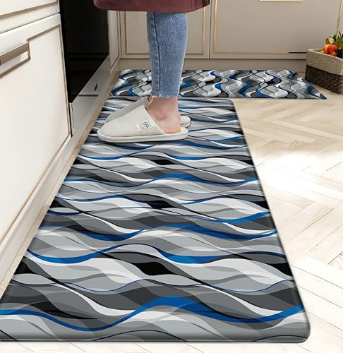 Kitchen Mats for Floor Modern Abstract kitchen rugs Grey and Blue Stripe Anti Fatigue Kitchen Mats Waterproof Floor Mats Cushioned Non-Skid Standing Mats for Kitchen, Set of 2,17.3 x 28+17.3 x 47 - color: Grey and Blue