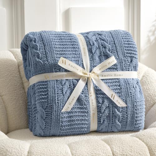 Amélie Home Chenille Knit Throw Blanket, Dusty Blue 60"x80" - color: Cable Dusty Blue, size: 60" X 80"