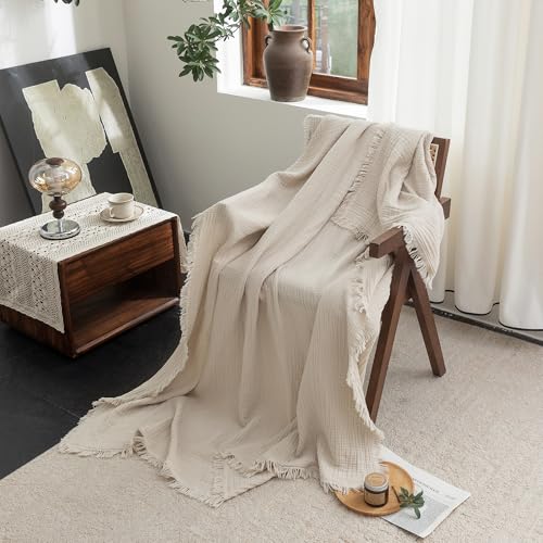 FOSSA Muslin Blanket 4-Layer 100% Cotton Gauze Blanket with Fringe 108"x98" - color: Beige, size: Super King(108" × 98")