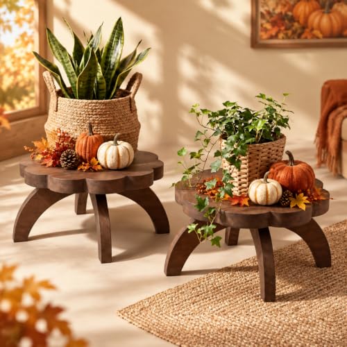 Novabright 2 Pcs Scalloped Short Plant Stand Small Wood Plant Stool Riser