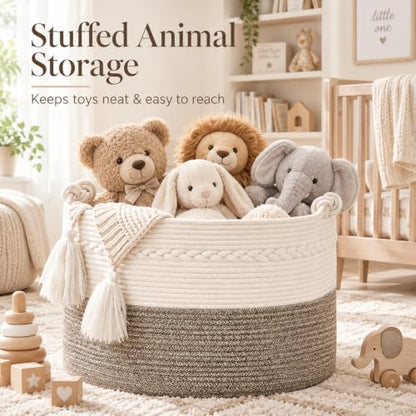 KAKAMAY Large Blanket Basket (20"x13"),Woven Baskets for storage Baby Laundry Hamper, Cotton Rope Blanket Basket for Living Room, Laundry, Nursery, Pillows, Baby Toy chest (White/Beige) - color: Beige