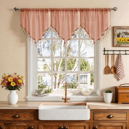 WUBODTI Brown Beaded Sheer Valance Curtains for Kitchen 3PCs, Rod Pocket Boho Crystal Beads Tassel Lace Swag Curtains Farmhouse Sheer Window Valance for Living Room Bedroom Bathroom, Each W51 x L24 - color: Brown