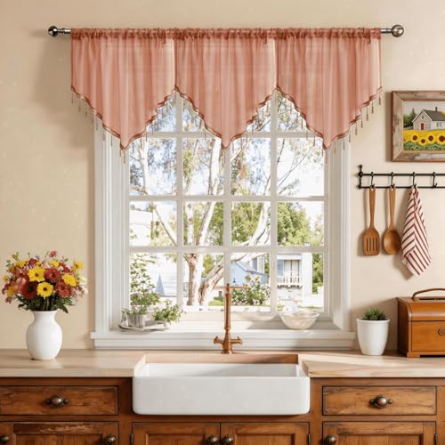 WUBODTI Brown Beaded Sheer Valance Curtains for Kitchen 3PCs, Rod Pocket Boho Crystal Beads Tassel Lace Swag Curtains Farmhouse Sheer Window Valance for Living Room Bedroom Bathroom, Each W51 x L24 - color: Brown