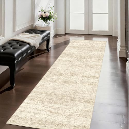 Washable Runner Rugs for Hallway 2x6 Rug Runners,Boho Vintage Kitchen Runner Rugs,Ultra-Thin Entryway Runner,Non-Slip Backing Carpet for Hallways,Bedroom,Bathroom,Laundry Room - color: Beige/Brown, size: 2' x 6' (Runner)