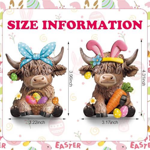 Karenhi 2 Pcs Highland Cow Figurines Resin, Bunny Ears Spring Decor - style: Easter