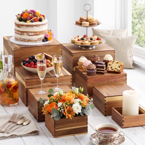 Maxdot 8 Pcs Acacia Wood Risers Buffet, Wood Display Stand 4.7 to 11 Inch Square Dessert Table Set for Buffet Table Stackable Wooden Crates for Birthday Wedding Home Decor