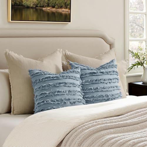 MIULEE Boho Linen Striped Throw Pillow Covers 20x20, Blue Grey - color: Blue Grey, size: 20" x 20" (Pack of 2)