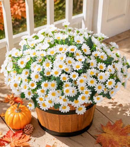 Daisy Artificial Flowers for Outdoors Autumn Fall Decoration, 6 Bundles Fake Mums White Silk Flowers for Outside Look Real UV Resistant Faux Flowers Plants for Planter Front Door Home Indoor Porch Urn - color: White