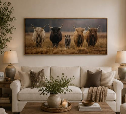 Framed Highland Cow Family Farmhouse Canvas Wall Art 16x32 Inch - color: Highland Cow, size: 32"L x 16"W