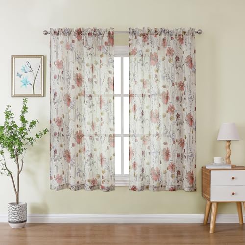 OWENIE Printed Sheer Curtians 54 Inches Long for Kitchen Set of 2 Panels, Dual Rod Pocket Window Living Room Curtains with Floral, Farmhouse Light Filtering Short Curtains for Small Window, 42"x54" - size: 42"W x 54"L (Pack of 2)