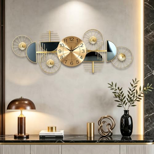 Modern Large Wall Clock Metal Decorative Clock, 3D Creative Wall Art Silent Non Ticking,Battery Operated Oversized Round Modern Wall Clock for Bedroom,Farmhouse,Office Wall Decor , 13.7*39.3 Inch - color: 7033-gold