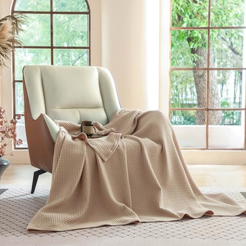 Simple&Opulence 100% Cotton Waffle Weave Throw Blanket 50"x60", 260GSM Pre-Washed Soft Cooling Lightweight Breathable All-Season Luxury Layer Blanket, Home Decor Gift for Adults, Couch Bed Sofa, Khaki - color: Khaki, size: Throw(50"X60")